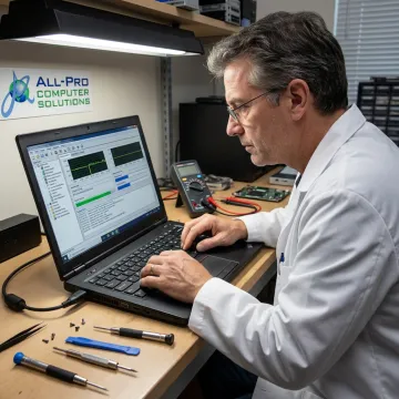 Computer technician testing a repaired laptop