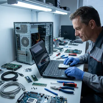 Technician repairing a laptop and desktop computer