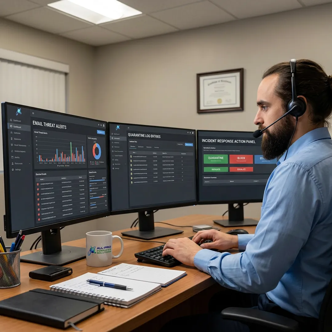 Technician reviewing email threat alerts