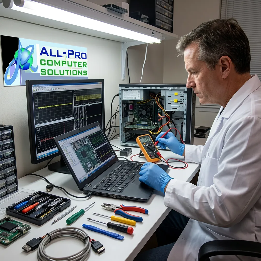 Computer technician diagnosing a laptop and desktop computer