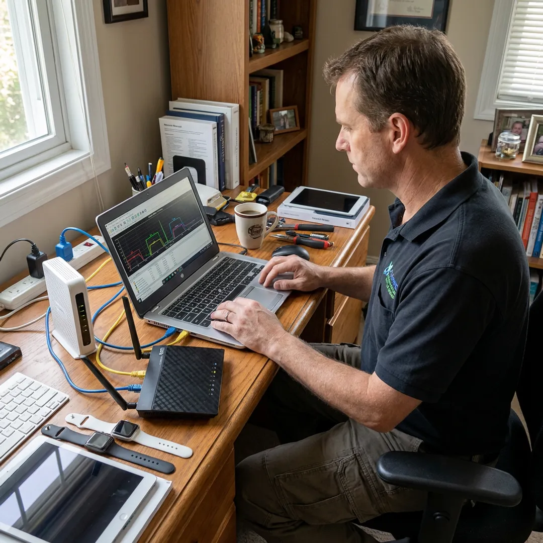 Technician testing a home Wi-Fi network