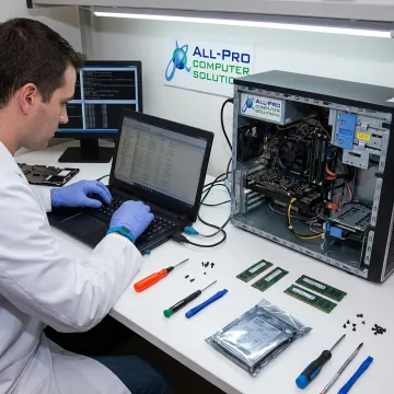 Technician repairing a laptop and desktop computer