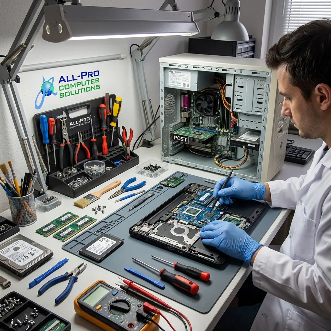 Technician diagnosing a laptop repair