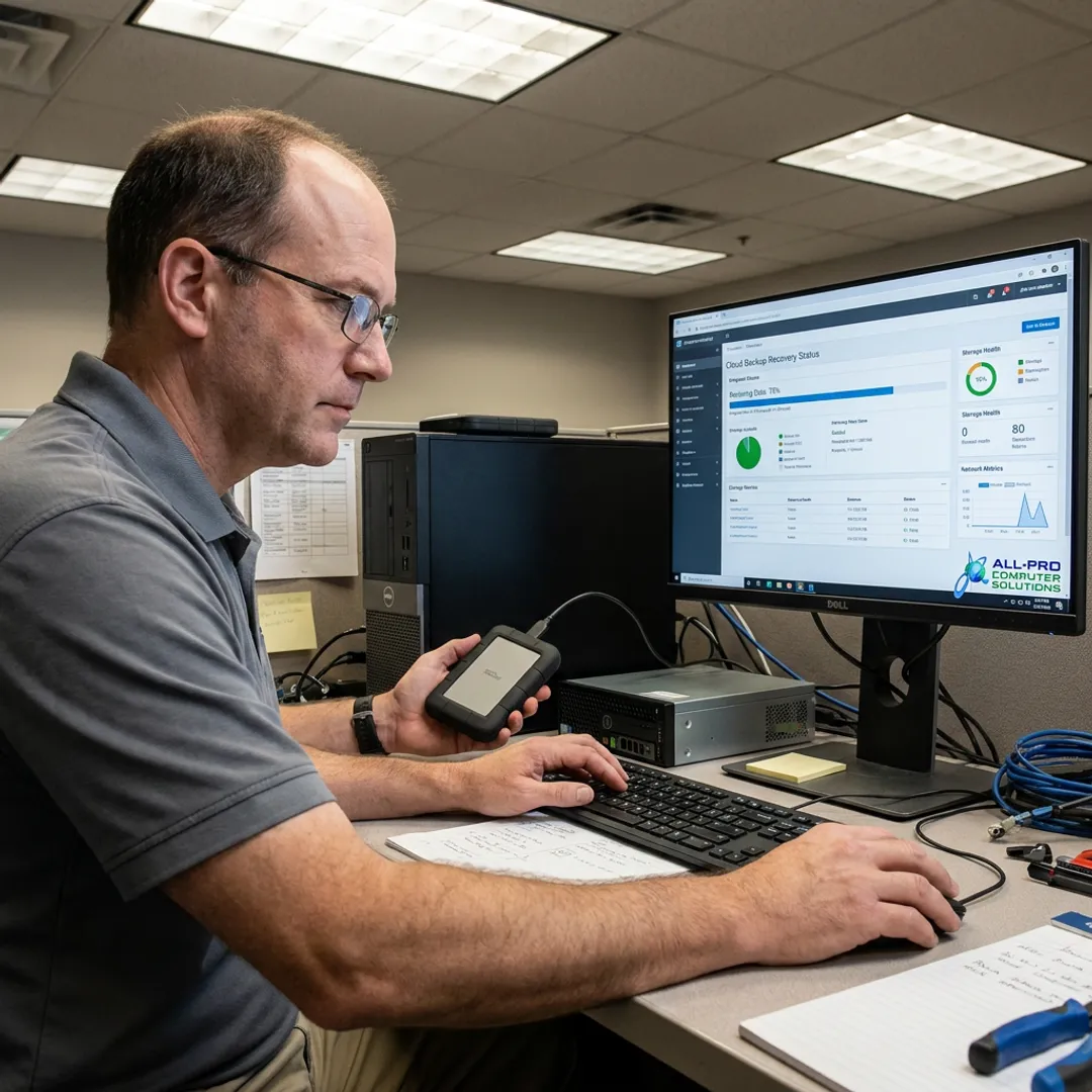 Technician reviewing business backup and recovery process