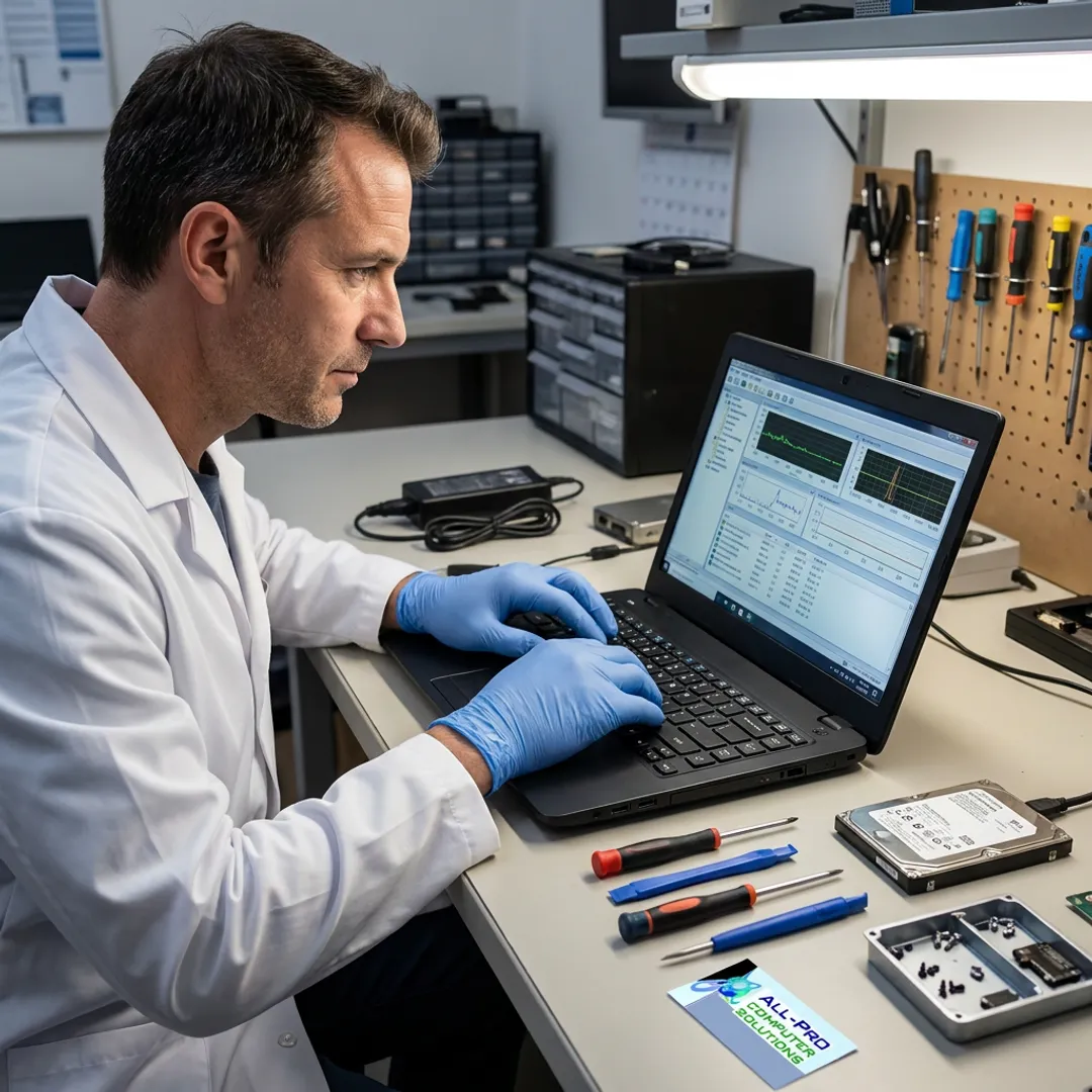 Computer technician testing a laptop