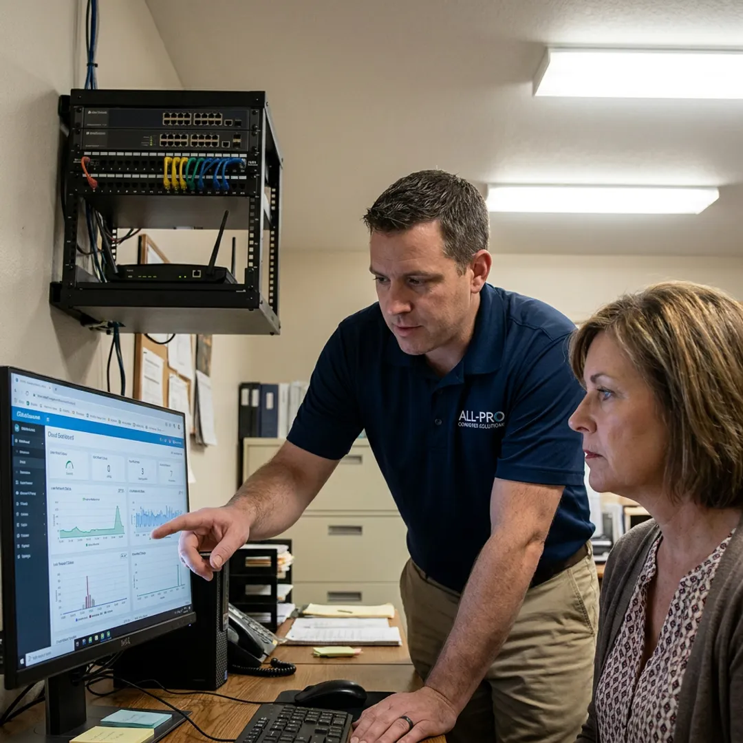 IT technician helping a small business owner with office technology