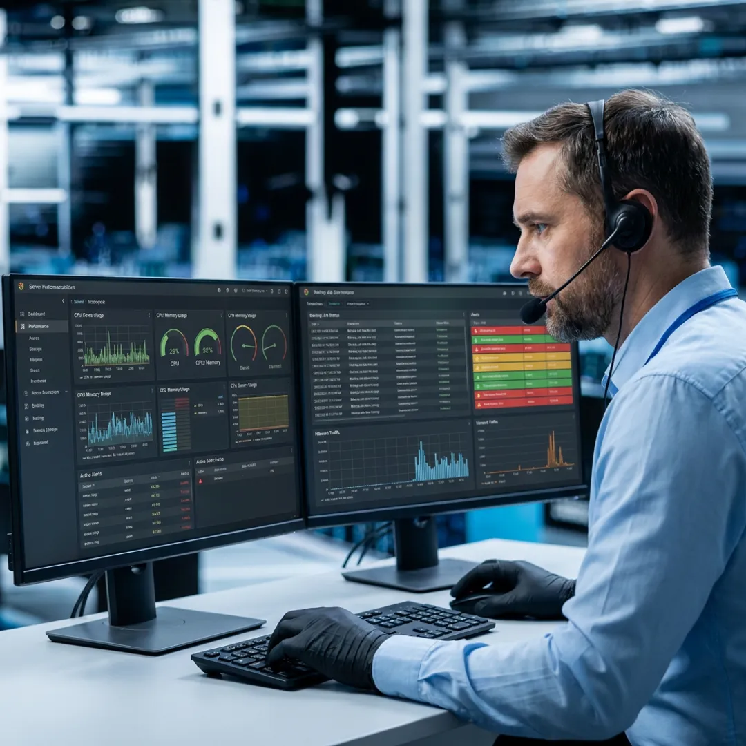 IT technician reviewing server performance process