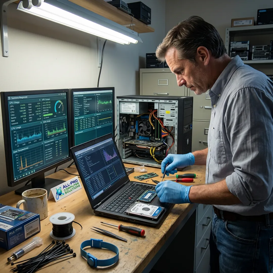 Technician repairing business computers in an office