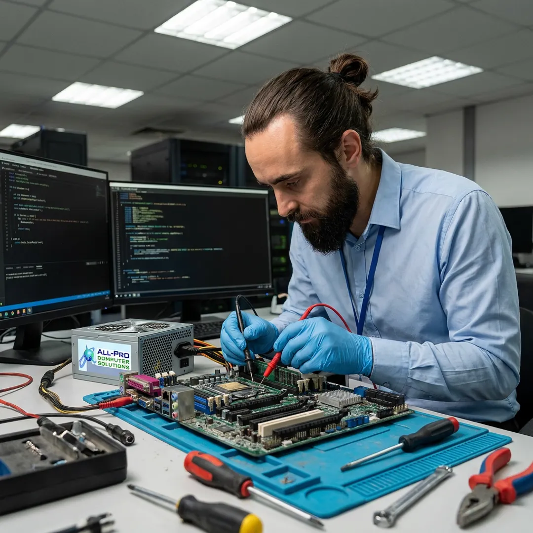 IT technician diagnosing a business workstation