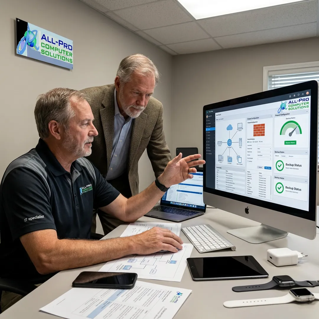 Technician reviewing network support plan