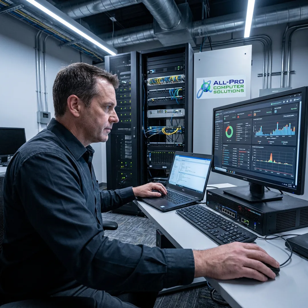 Managed IT network technician monitoring business systems