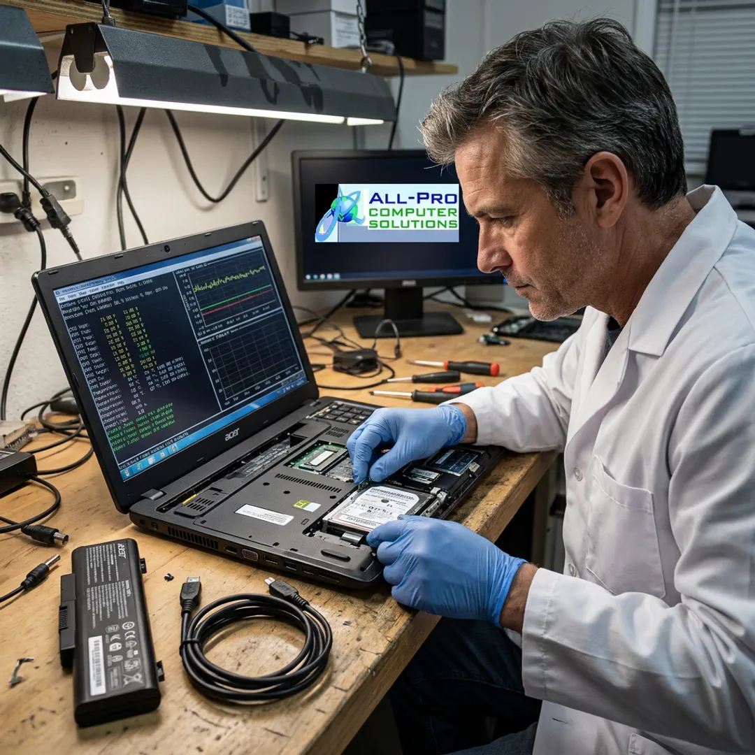 Technician repairing an open laptop