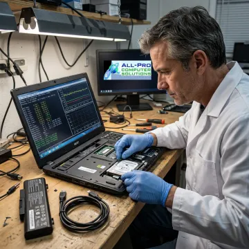 Technician repairing an open laptop
