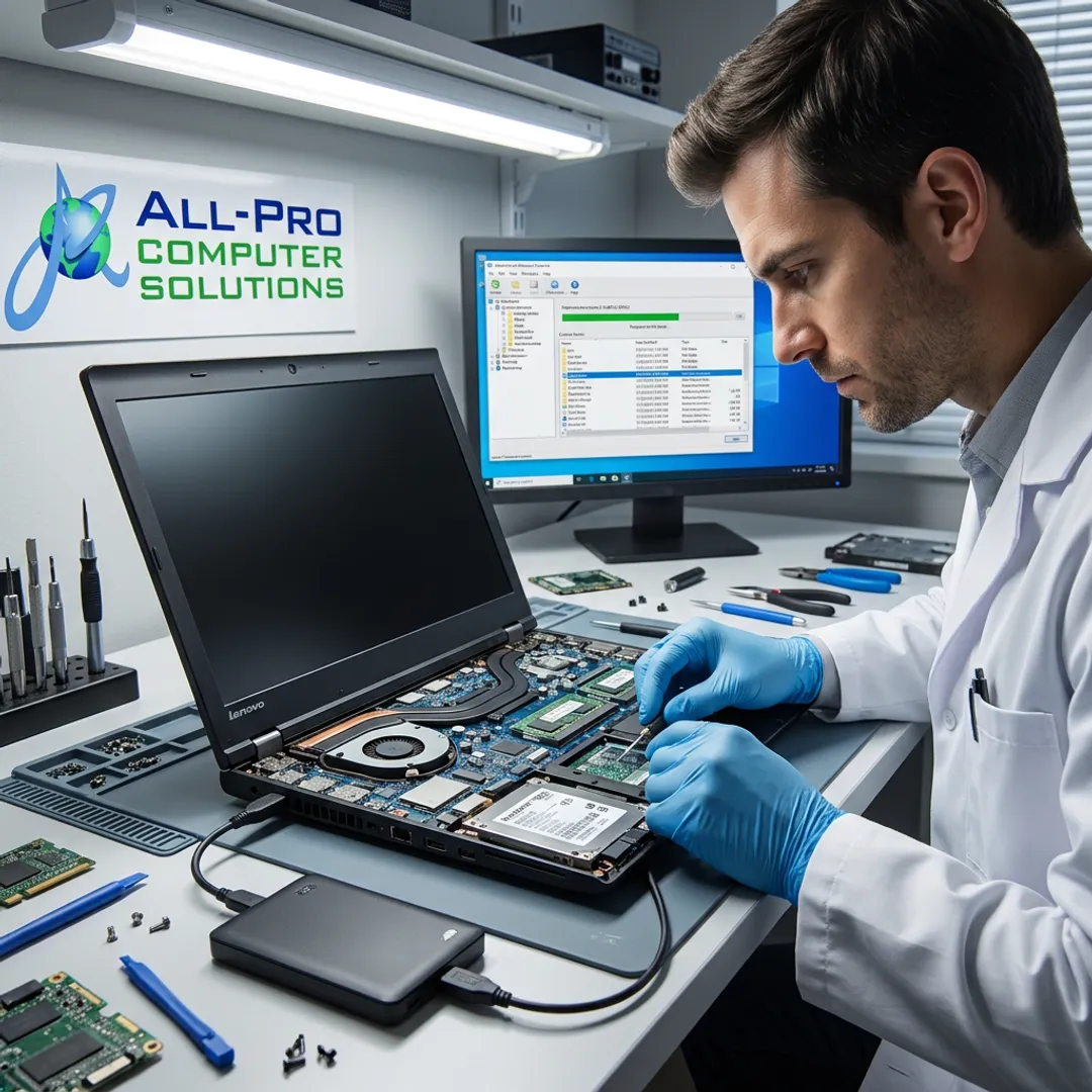 Technician recovering data from a Lenovo laptop