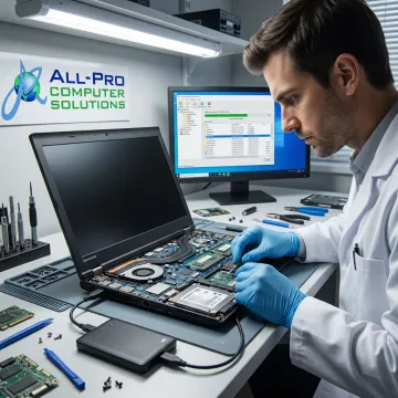 Technician recovering data from a Lenovo laptop