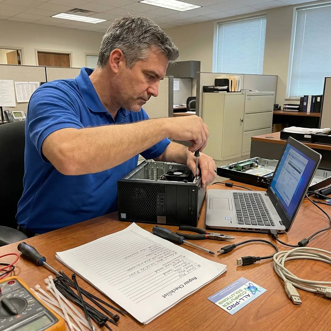 Technician diagnosing computer issues during an on-site visit