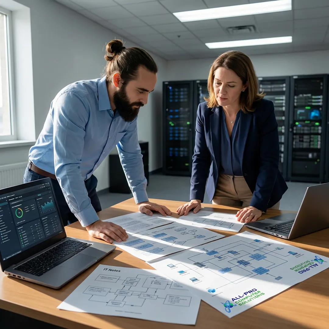 Office manager reviewing IT resources with a technician
