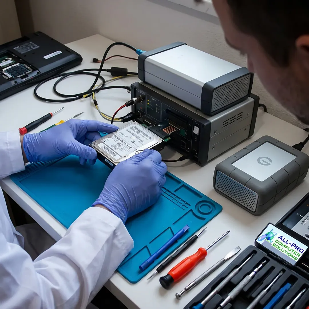 Hard drive recovery process at a computer repair bench