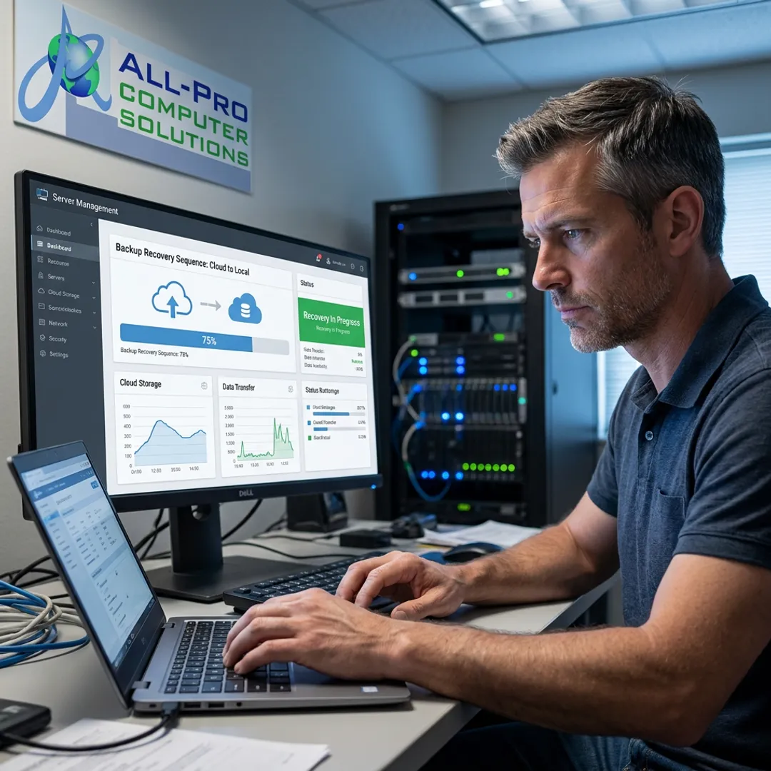 Technician testing business backup recovery process