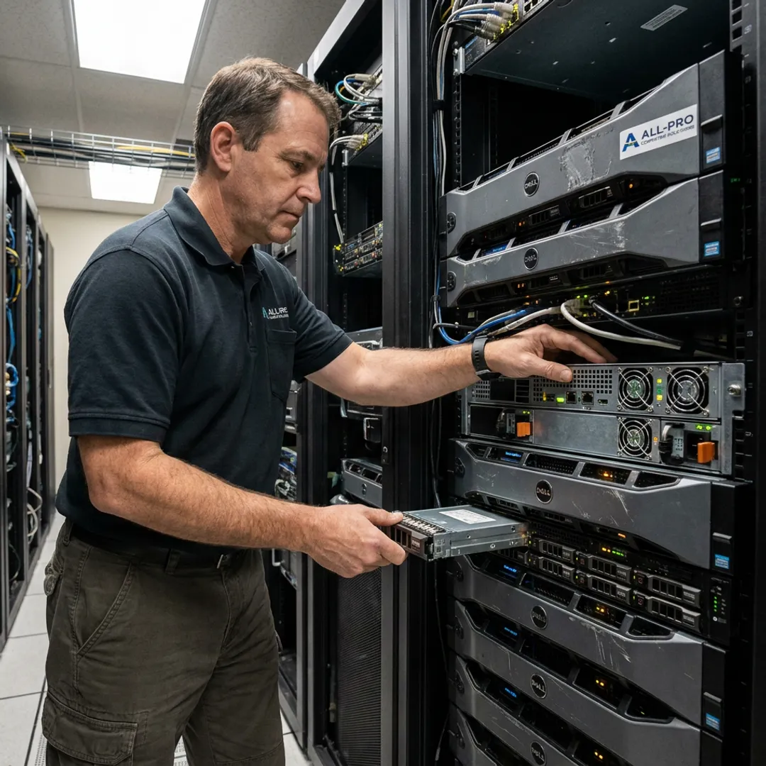 IT technician diagnosing server hardware in a rack