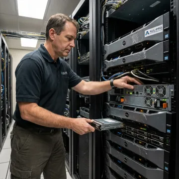 IT technician diagnosing server hardware in a rack