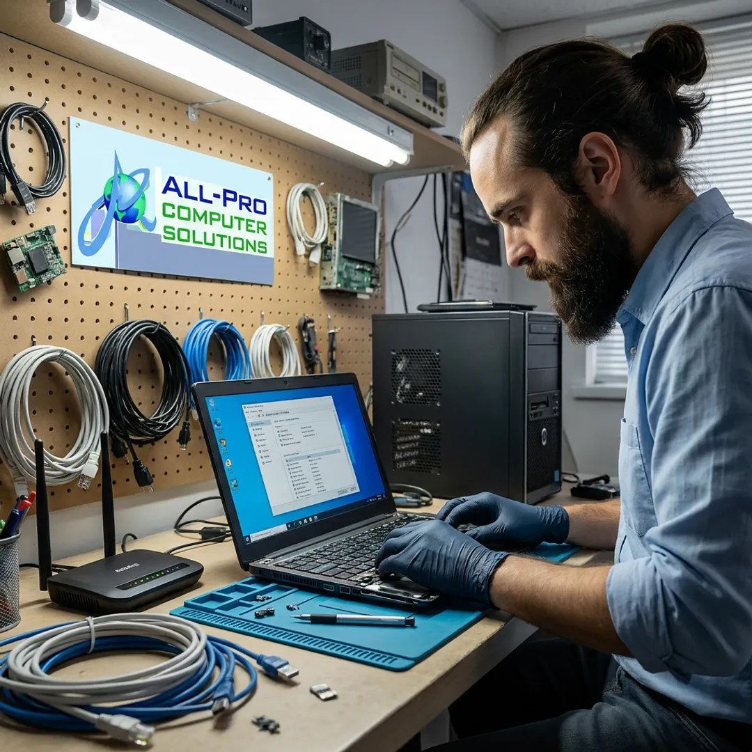 IT technician diagnosing computer and network equipment