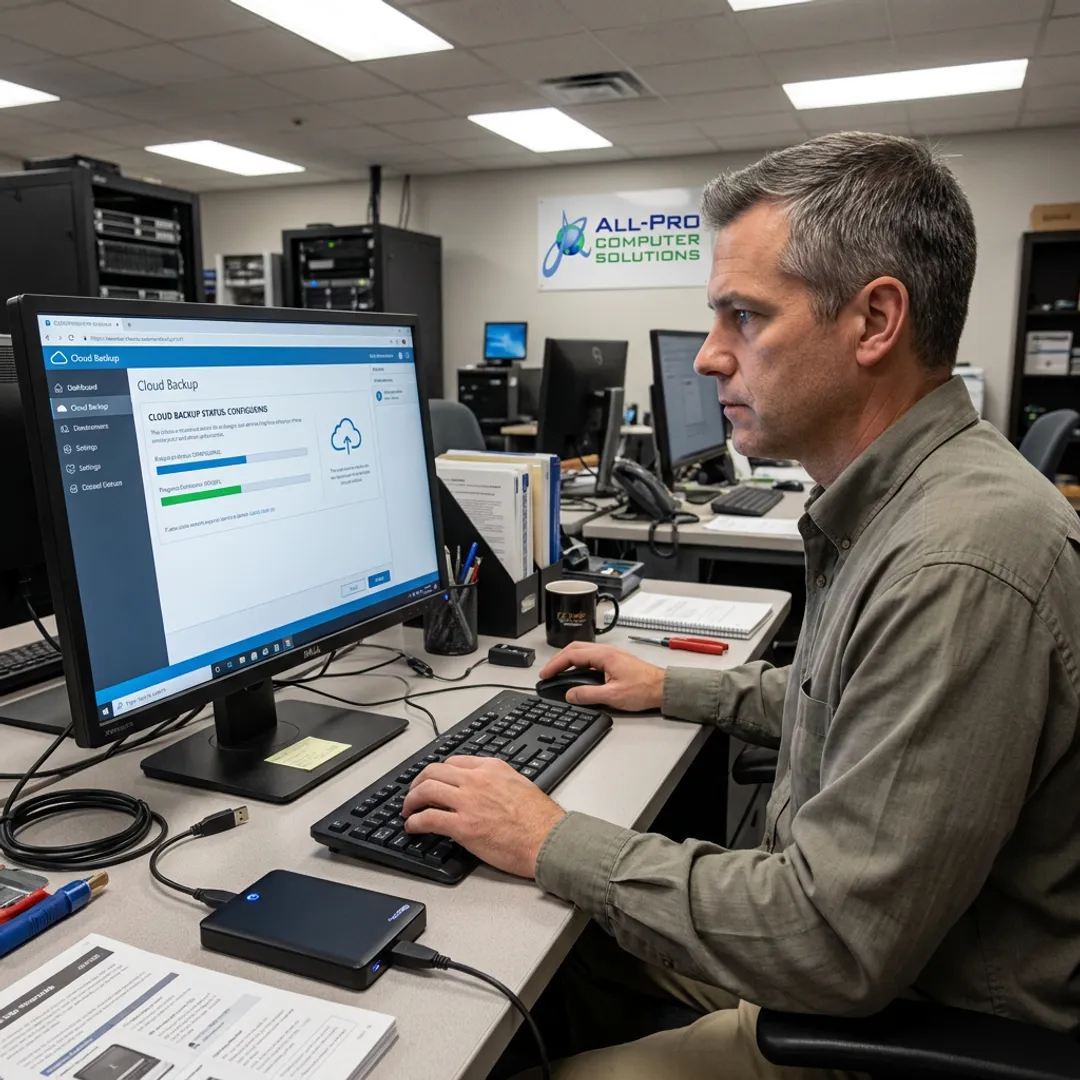 Technician setting up secure data backup systems