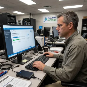 Technician setting up secure data backup systems