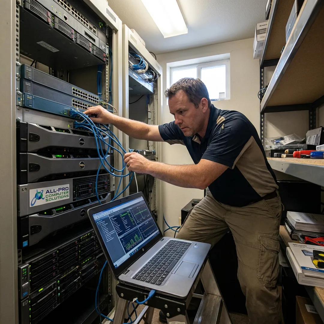 Technician testing network equipment during support visit