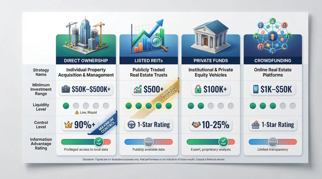Four international real estate investment strategies comparison chart with liquidity and control
