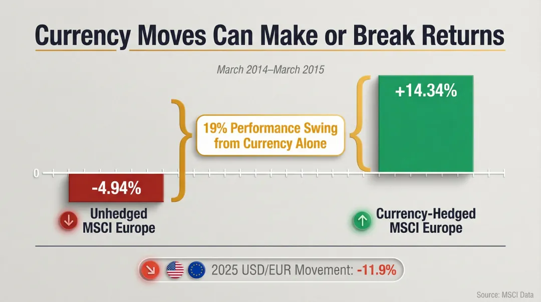 Currency hedged versus unhedged international real estate return comparison showing 19 percent swing