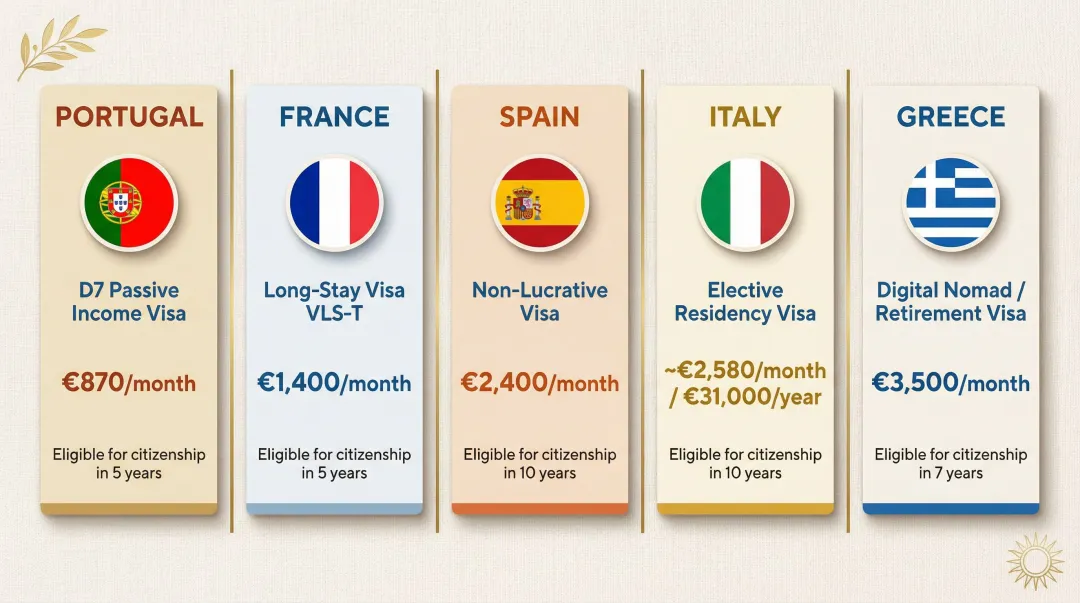 Five European retirement destinations visa income thresholds side-by-side comparison chart