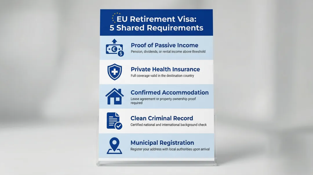 Five common EU retirement visa requirements checklist infographic for non-EU retirees