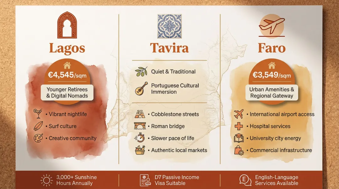 Algarve region three towns comparison Lagos Tavira Faro expat profiles and property costs