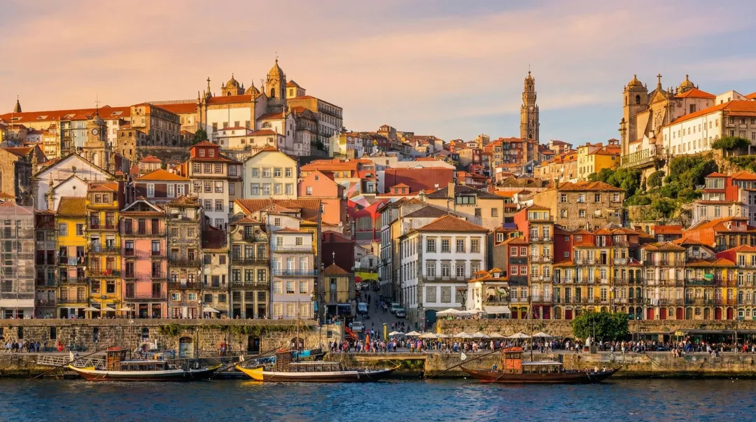 Porto riverside Ribeira district colorful buildings and Douro River waterfront view