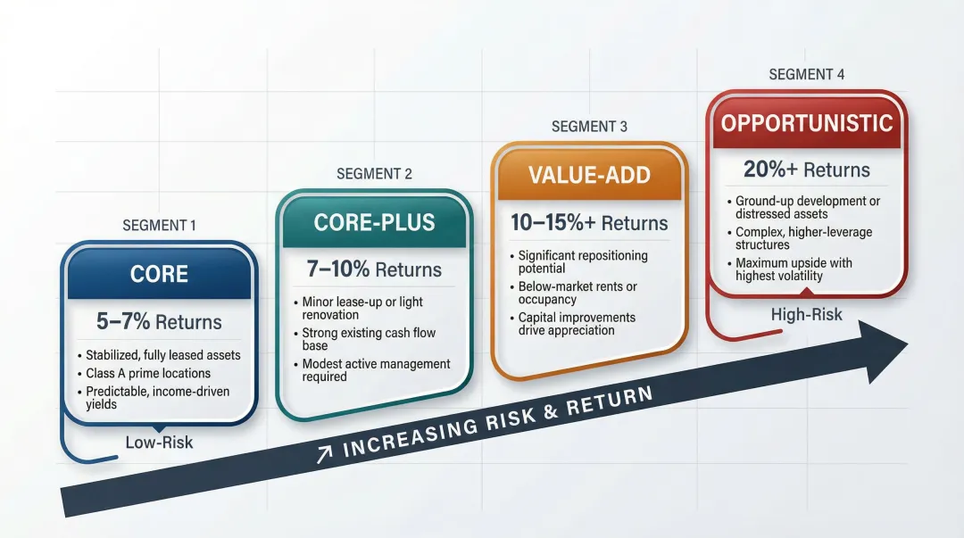 Four real estate investment strategy types risk return spectrum infographic