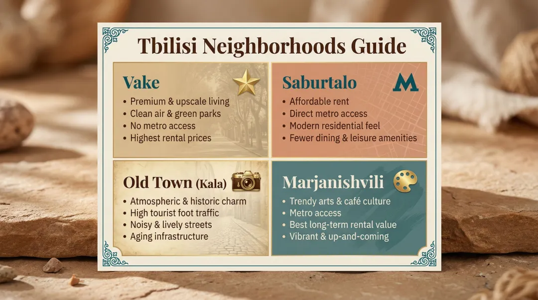 Tbilisi expat neighborhood comparison guide Vake Saburtalo Old Town Marjanishvili