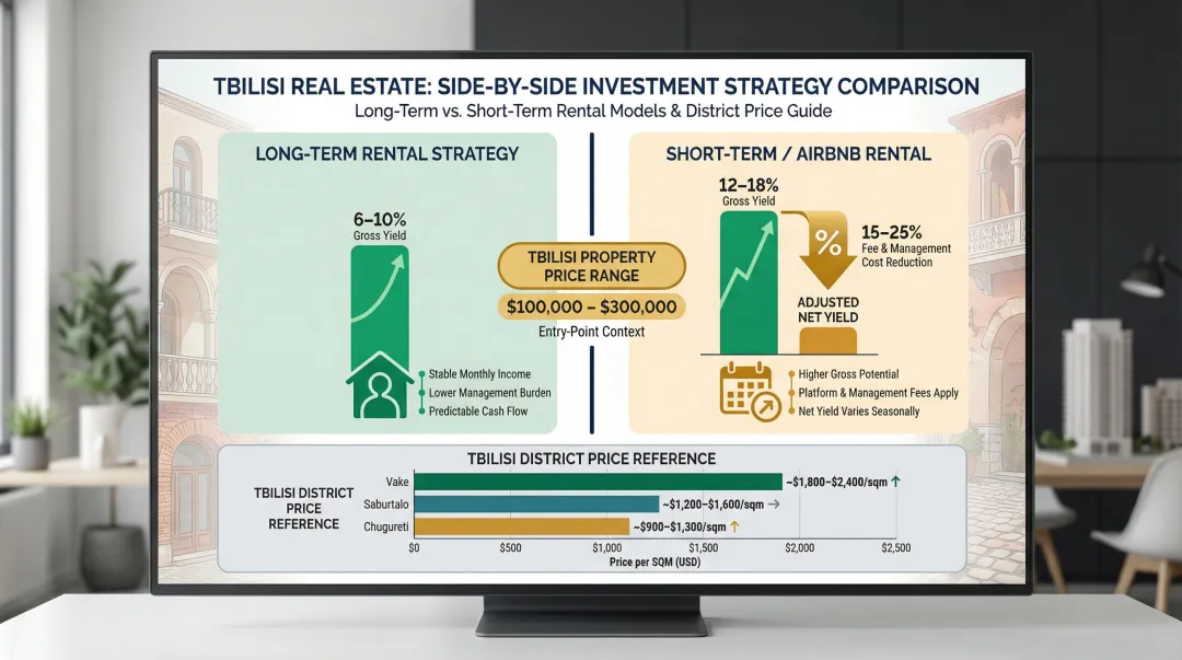 Tbilisi real estate rental yield comparison long-term versus short-term Airbnb returns