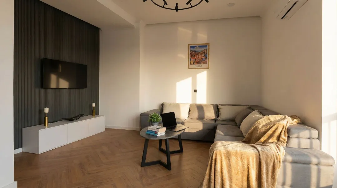 Affordable Tbilisi apartment interior showing modern renovated living space and furnishings
