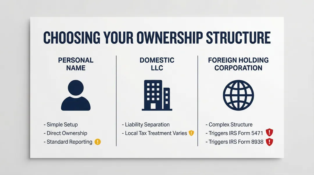 Three overseas property ownership structures comparison showing tax and reporting implications