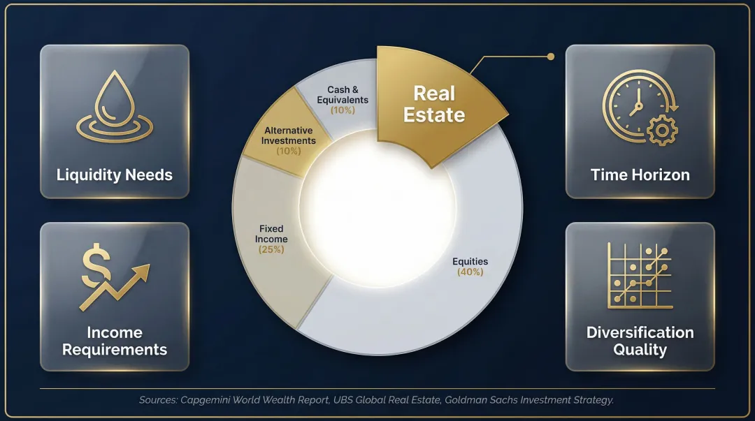 HNWI real estate portfolio allocation framework showing 11 to 19 percent range and key factors
