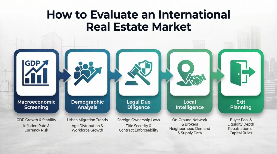 Five-stage HNW real estate market evaluation framework process flow infographic