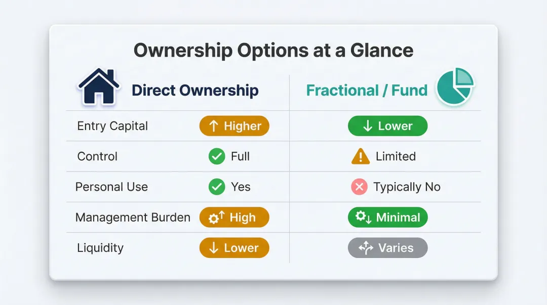 Direct real estate ownership versus fractional fund structure five-factor comparison chart