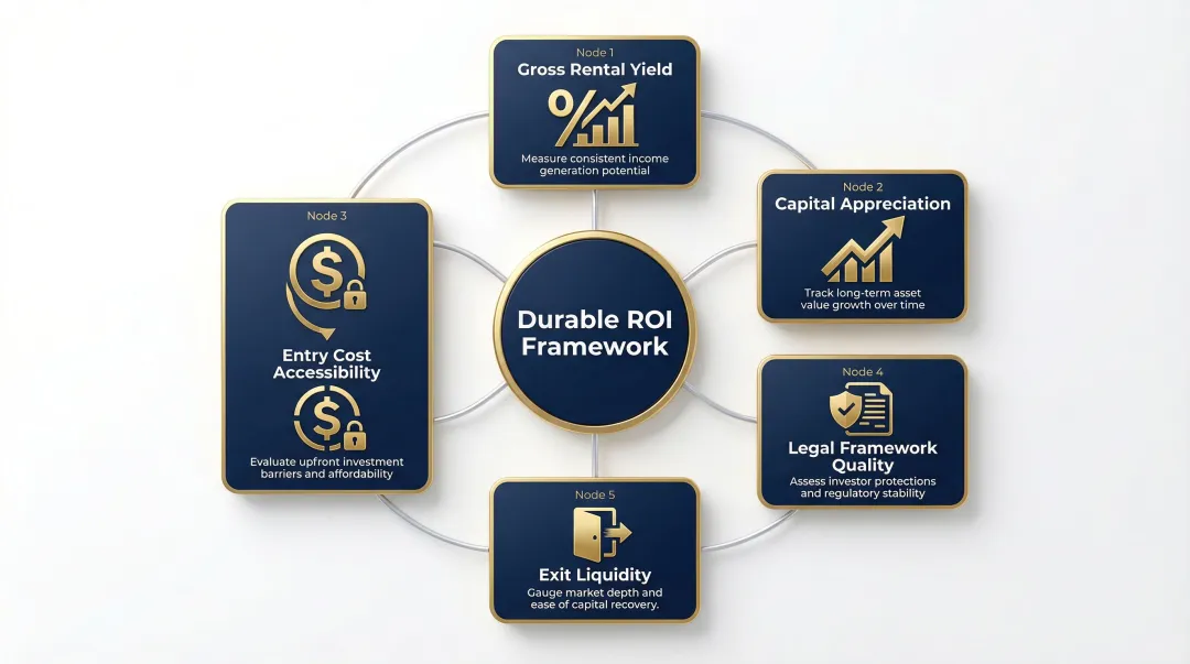 Five-criteria international real estate ROI evaluation framework infographic for investors