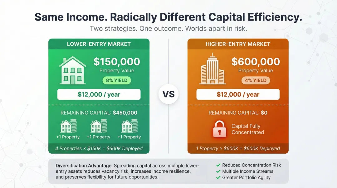 Entry price versus rental yield capital efficiency comparison infographic for real estate investors