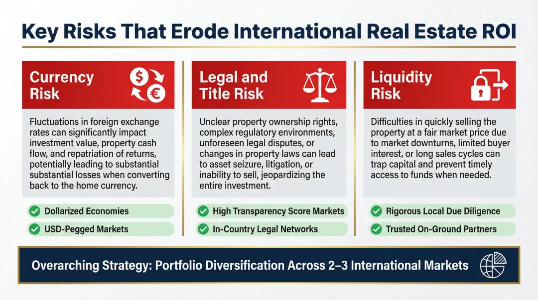 Three international real estate risk categories with mitigation strategies side-by-side comparison