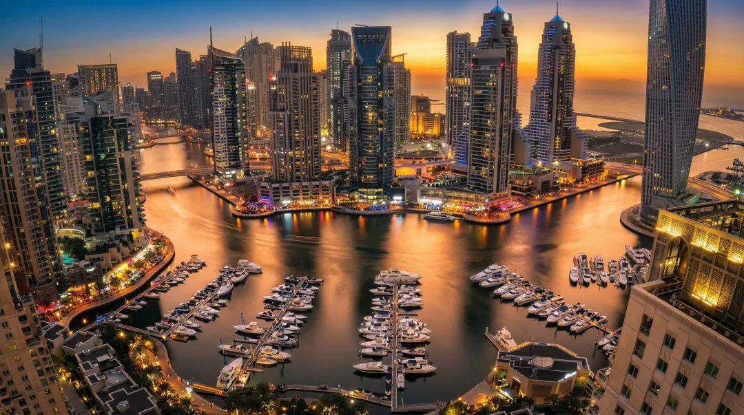 Dubai waterfront skyline with luxury residential towers and modern real estate developments