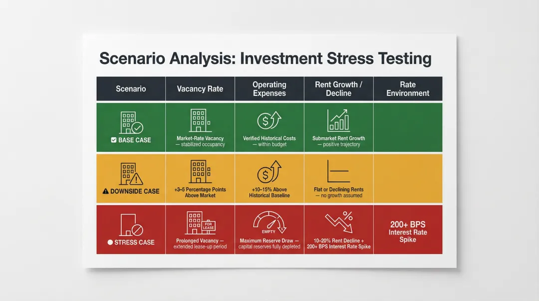 Three-scenario real estate cash flow stress test comparison table infographic