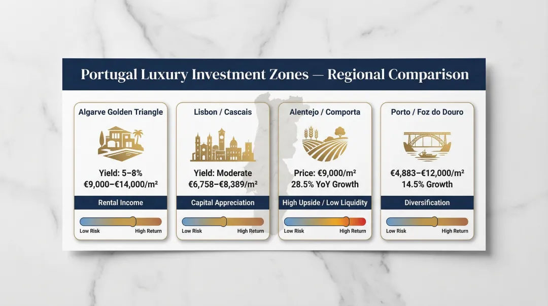 Portugal luxury villa investment location comparison Algarve Lisbon Cascais Porto Alentejo profiles