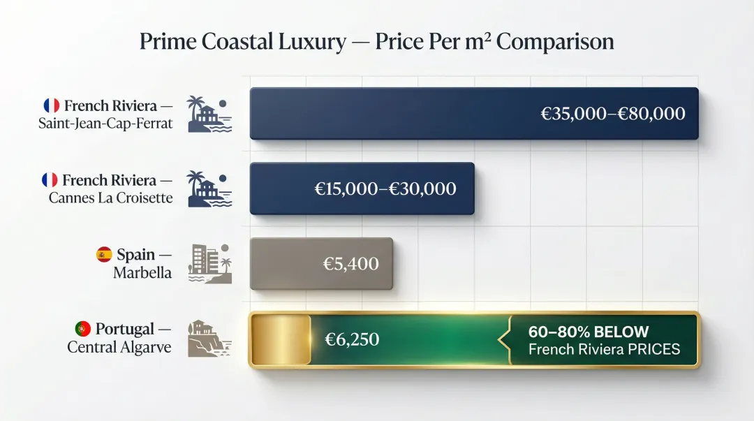 European luxury coastal real estate price comparison infographic Portugal versus France Spain